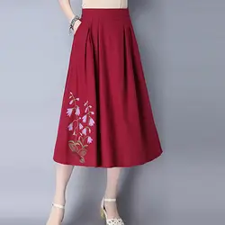 Китайский Стиль Цветочный принт юбки 2018 Лето Для женщин Высокая Талия Свободные Повседневное длинная юбка женский Винтаж хлопок белье