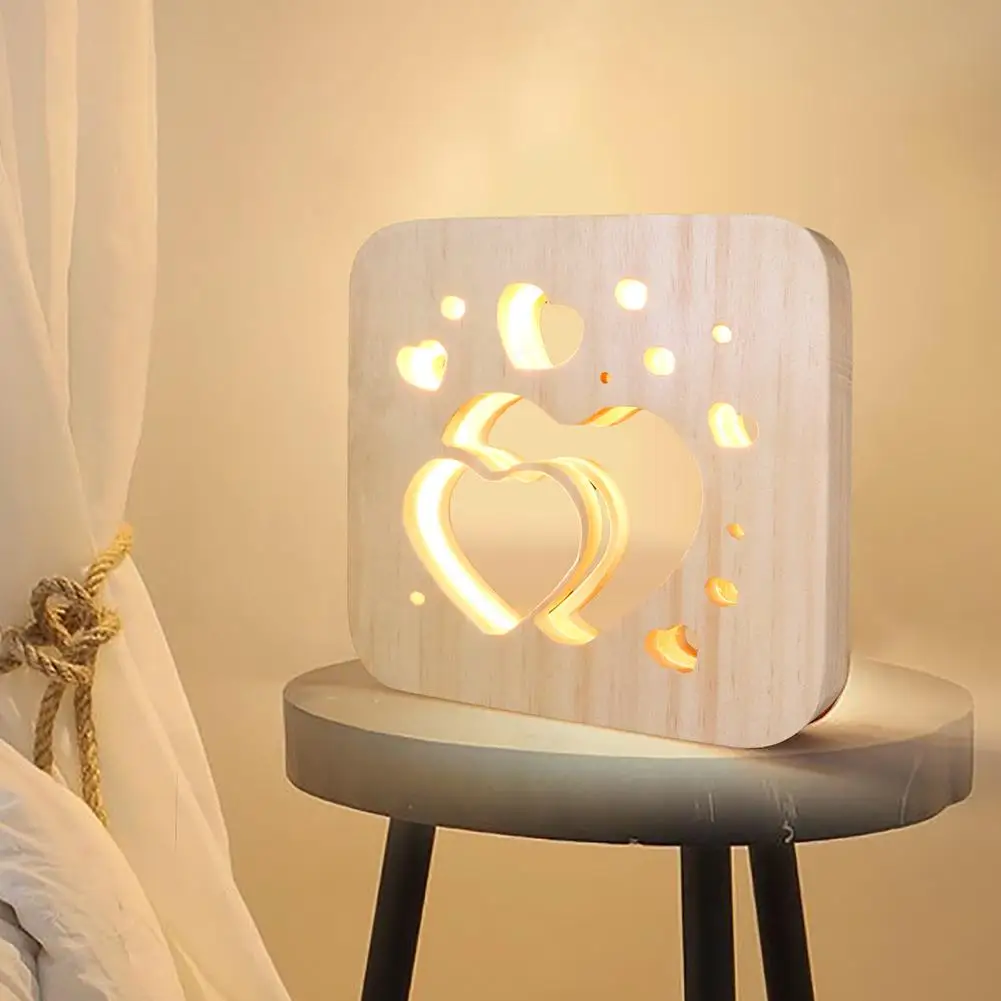 

Wood 3D Visual Lamp Heart to Heart Shape USB Table LED Night Light Room Decor