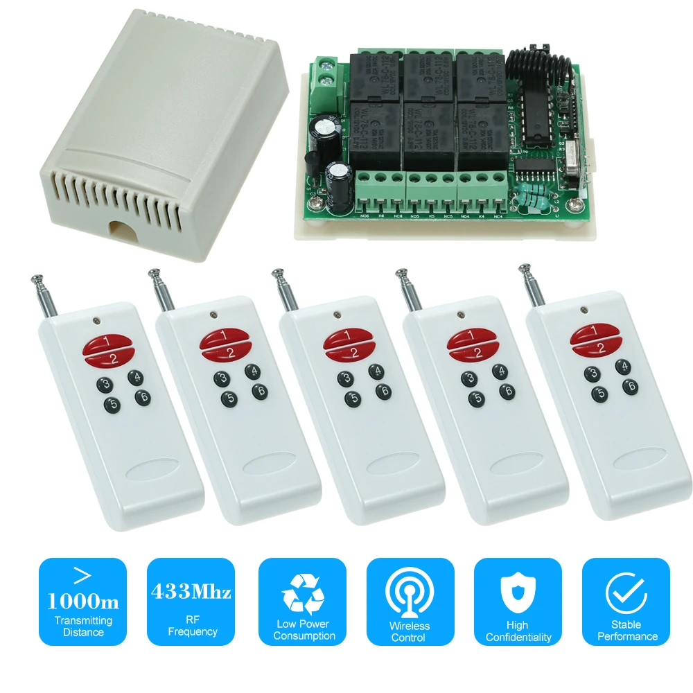 

433Mhz DC 12V 6CH Channel Universal 10A Relay Wireless RF Remote Control Switch Receiver Module and 6 Key RF 433 Mhz Transmitter