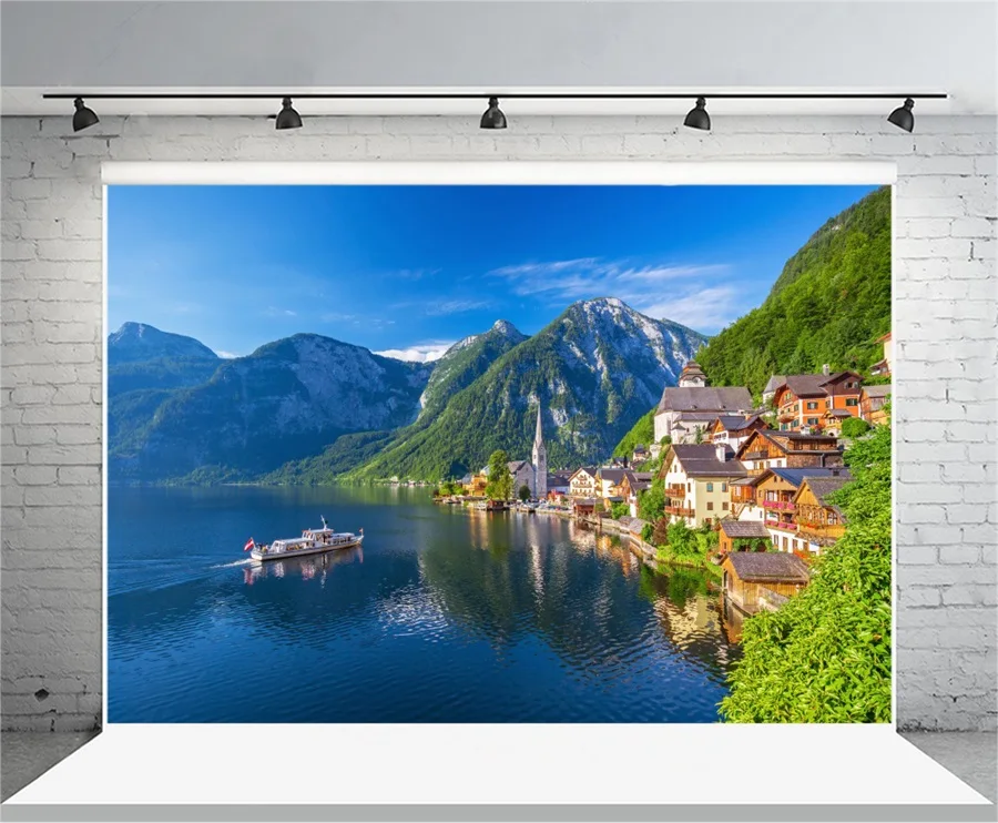 

Laeacco Blue Sky Mountains Forest Seaside Town Photography Backgrounds Vinyl Customs Photographic Backdrops For Photo Studio