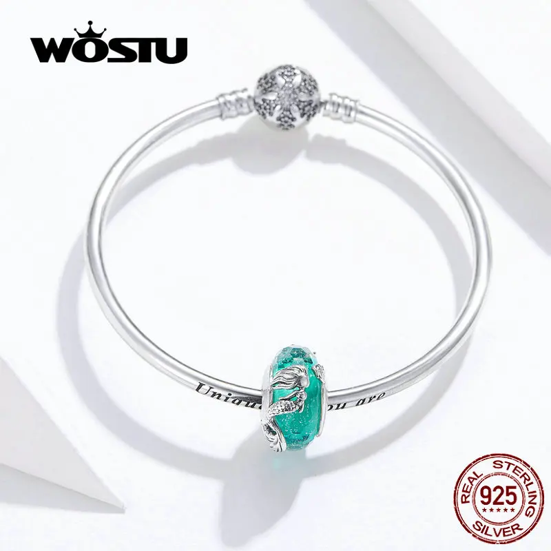 WOSTU, Классический 925 пробы, серебряный, синий, Mermail, бусины, талисманы, браслет& Bnagle для женщин, изготовление любви, красивые ювелирные изделия DXB832