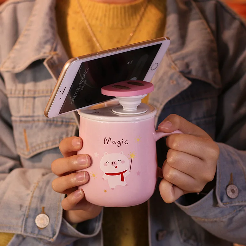 Креативная розовая свинья, держатель для мобильного телефона, керамические кружки, Детские Мультяшные чашки для завтрака, парные офисные кофейные чайные кружки для друзей, Подарочная чашка