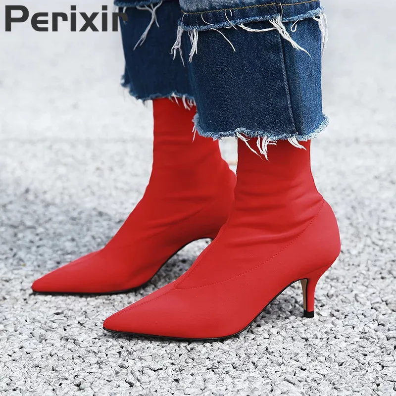 

Perixir Luxury Design Lighter Inpired Strange Heel Sock Boots Woman Sexy High Heel Shoes Women Black red yellow Stretch Boots