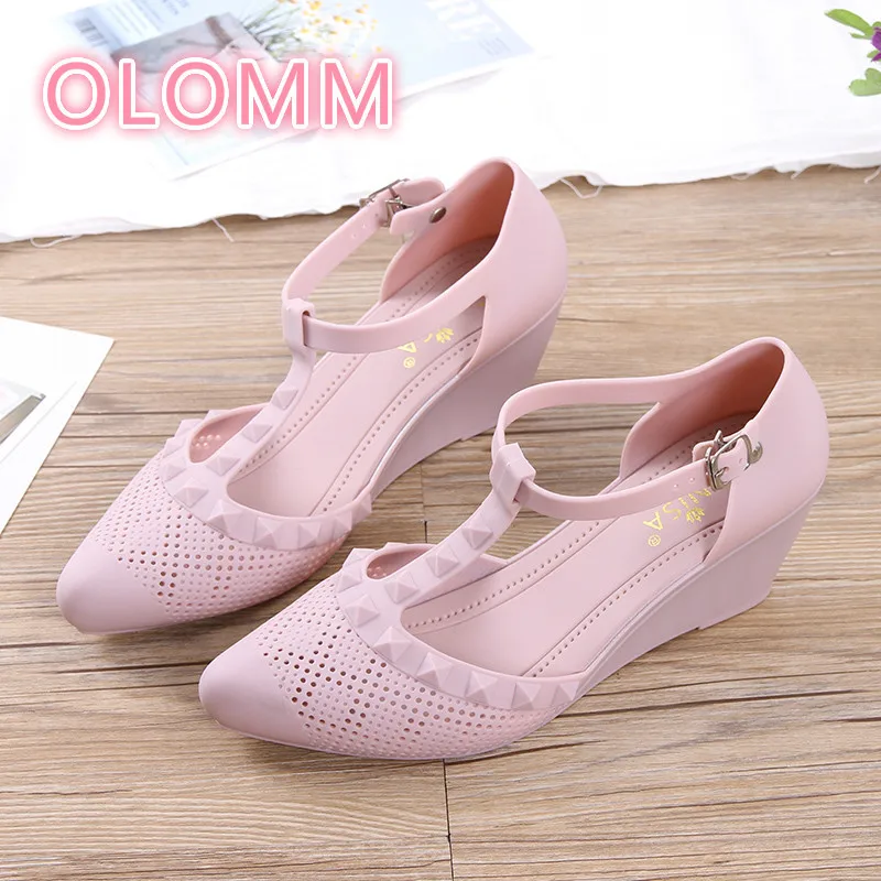 

High-heeled sandals ladies'T-shaped buckled heels jelly shoes waterproof hollow and breathable in summer