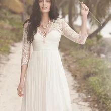 Короткие пляжные свадебные платья Кружева 3/4 рукава Иллюзия Свадебные платья с открытой спиной Vestidos De Novia v-образным вырезом на заказ