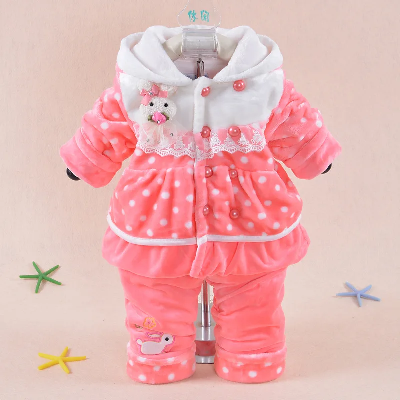 Ceny Niemowlę Baby Girl Clothes Sets 2019 nowa zimowa dziewczyna flanelowy garnitur gruby, ciepły płaszcz kurtka z motywem kreskówki dla dzieci + spodnie dla dzieci