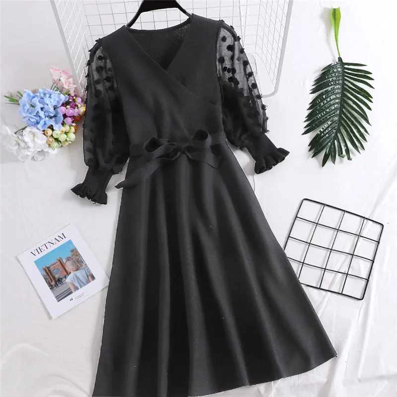 

2019 Autumn Winter Women Knitted Dress V-neck With Belt Sweater Dresses Fashion Lady Slim Bodycon Bottoming Dress Vestidos R240