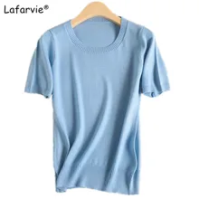 Lafarvie Cashmere Blended Knitted Sweater Women Tops Summer O-neck Short Sleeve Soft Comfortable Solid Color Shirt Sweater Pull