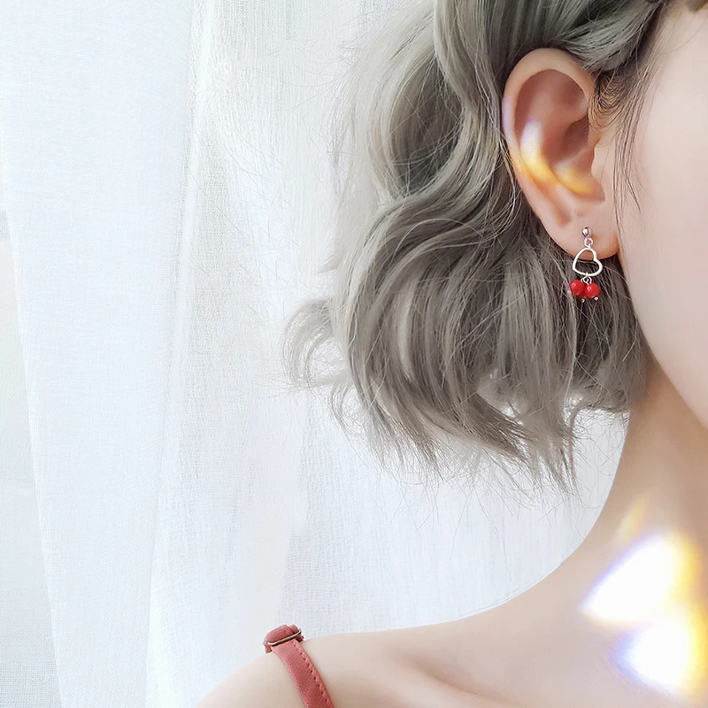 

Small Silver Hollow Heart Dangle Earrings 925 Red Ball Pendant Earrings For Women Girls Kids Jewelry Love Gifts