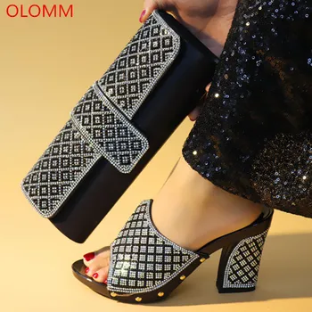 

OLOMM Black Shoes with Matching Bags Set Decorated with Rhinestone Nigerian Shoes and Matching Bags African Shoes and Bags .Y-13