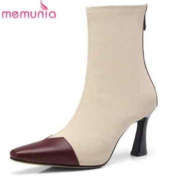 

MEMUNIA 2020 flock+genuine leather ankle boots for women fashion square toe boots zipper autumn boots simple female shoes