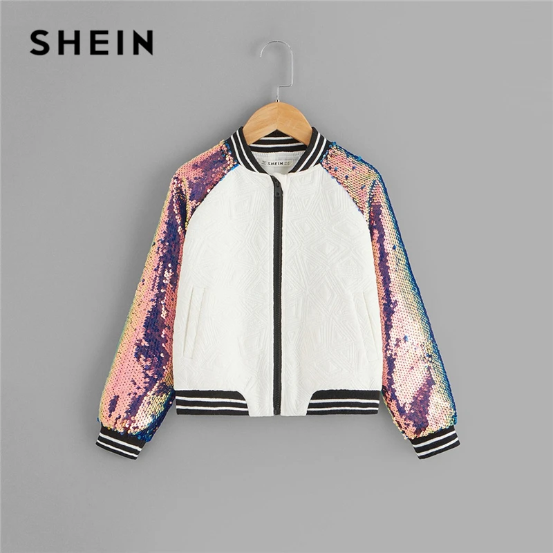 amazing  SHEIN Kiddie Sequin Raglan Sleeve Zipper Slogan Letter Print Girls Jacket Coat Kids Clothes 2019 Sp