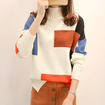 

Autumn Winter Sweater Women New Korean Patchwork Plaid Casual Loose Half Turtleneck Knitted Sweaters and Pullovers Pull Femme