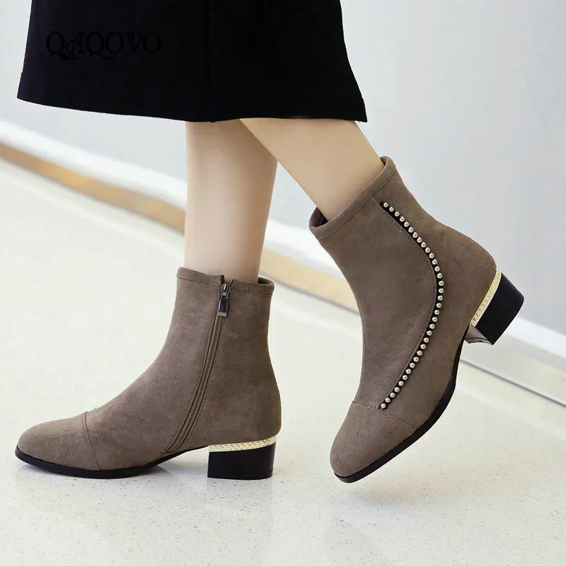 

Spring Autumn Women Ankle Boots Comfortable Square Low Heel Zipper Boots Fashion Flock Booties Black Gray Big Size 43
