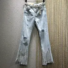 Тяжелая работа модные горячие джинсы с разрезами для женщин новые летние рваные обтягивающие джинсы с высокой талией длиной до щиколотки расклешенные джинсы