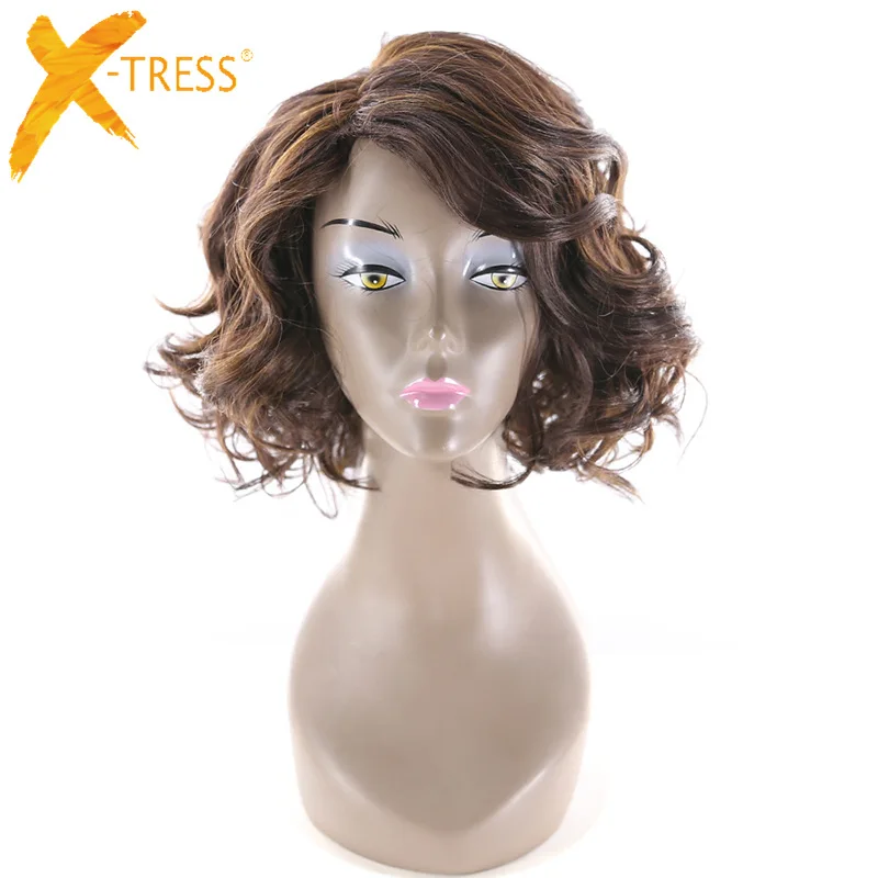 

Bouncy Curly Synthetic Hair Wigs Side Part X-TRESS High Temperature Fiber Hairpiece Ombre Brown Color Short Bob Wig For Women