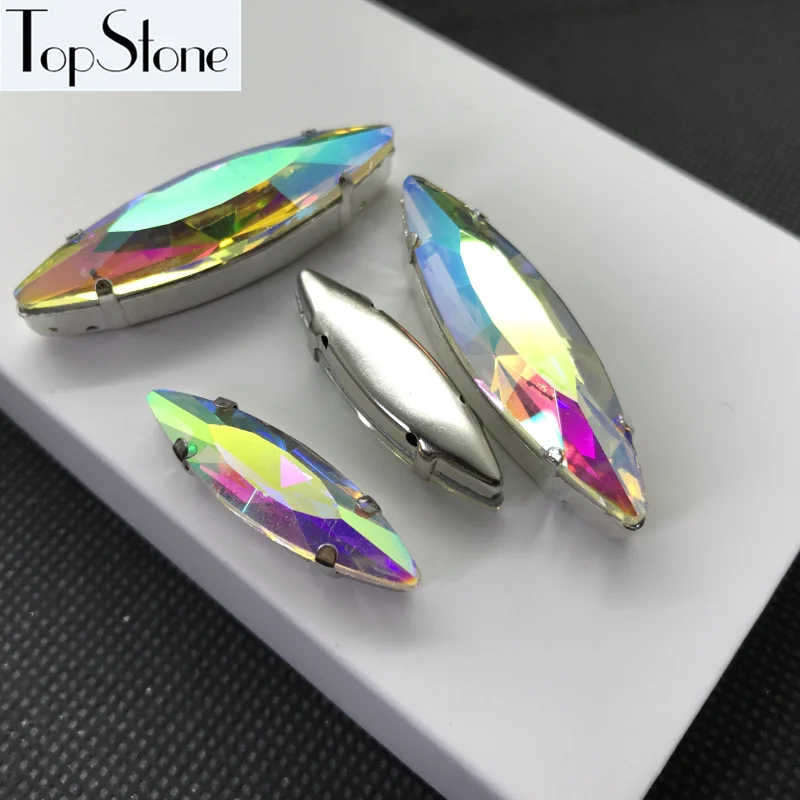 

Topstone Crystal AB Long Navette Fancy Stone With Claw setting 13x48mm,10x35mm,4x15,13x27mm Marquise Sewing Glass Crystals