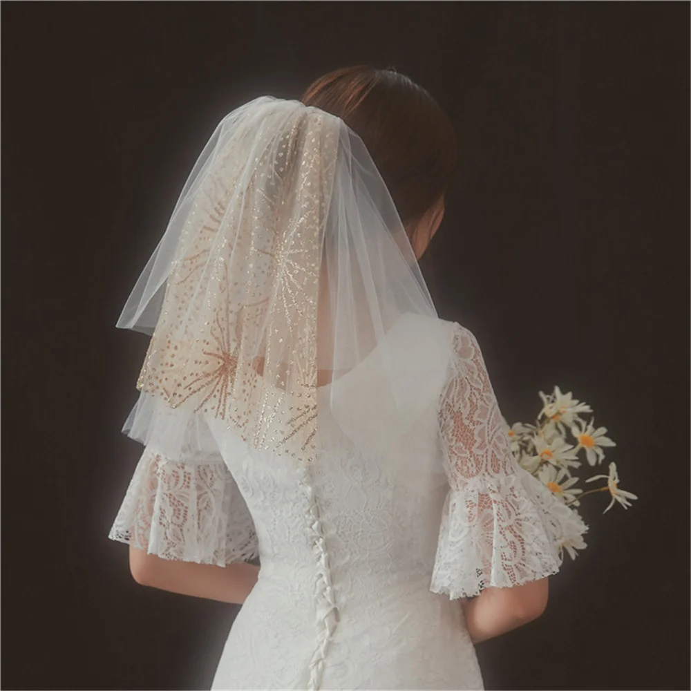 

Multi Layer Veil Golden Powder Short For Bride 45cm Fluffy