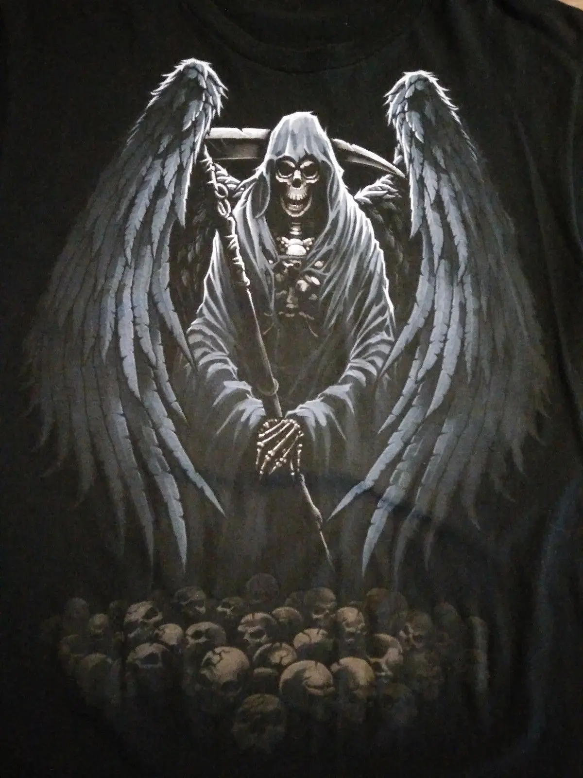 

Angel Death Grim Reaper Mens Skull T Shirt L Graphic Biker Death Metal Head Rock