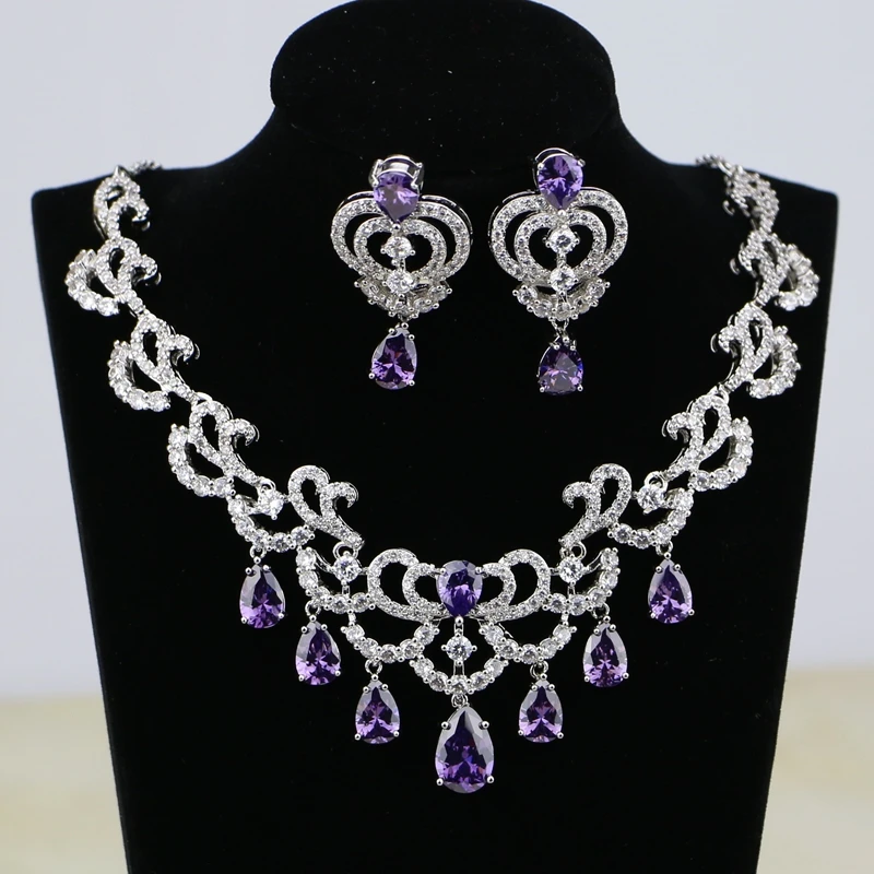 В форме капель воды Фиолетовый Белый Циркон CZ для женщин Серебряный цвет свадебные украшения серьги кулон цепочки и ожерелья наборы