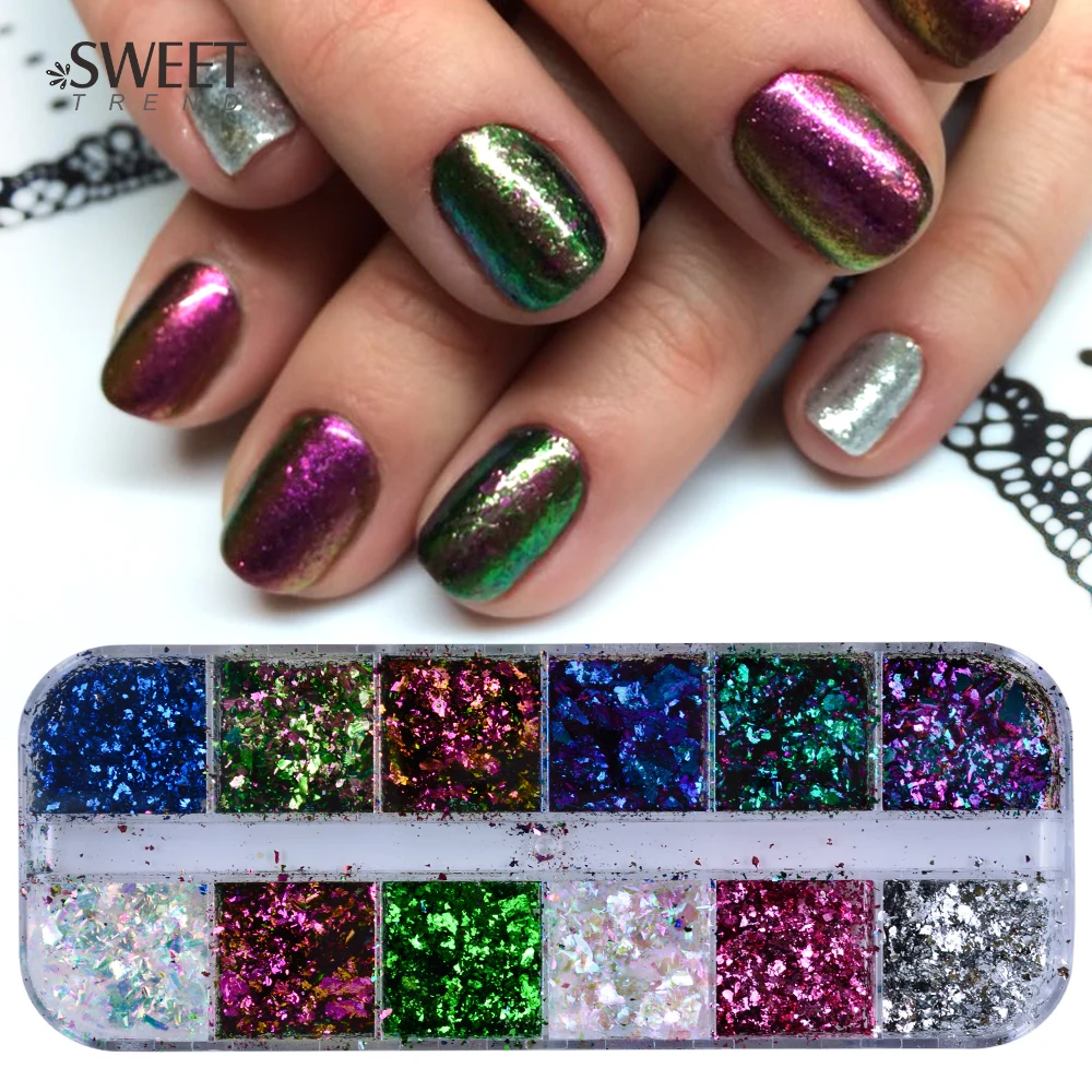 

1Set 12 Colors Mixed Shining Flakes Irregular Chameleon Effect Nail Glitter Powder Holographic Sequins Nail Art Decorations LABS