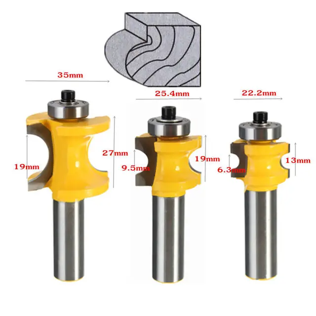 3Pcs/Set Bit Bullnose Router Bit Set C3 Carbide Tipped 1/2" Shank