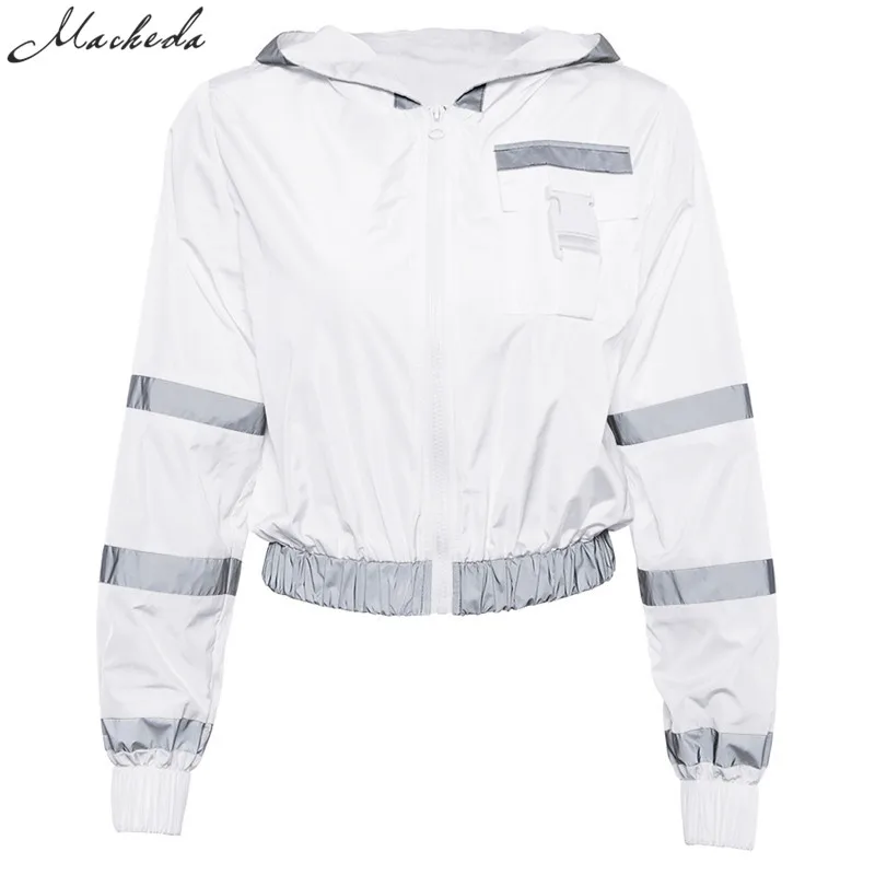 Macheda Новая женская короткая куртка на молнии с полосками толстовка на резинках с капюшоном и длинным рукавом - Цвет: Белый