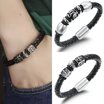 

BONISKISS 21cm Cool Jewelry Men's Bracelets Genuine Leather Titanium Steel Bracelet for Men Creative Skull Boutique Wholesale