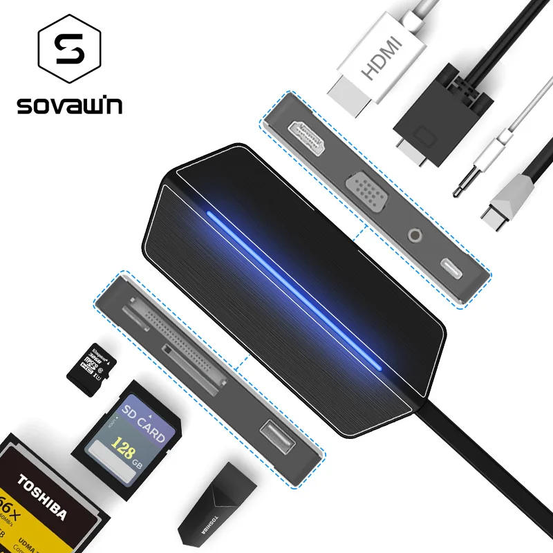 Sovawin 8 в 1 usb-c USB 3,0 концентратор Multi Тип c 4 K видео HD VGA HDMI SD/TF/CF Usb3.0 Card Reader для Macbook Выход Порты и разъёмы адаптер