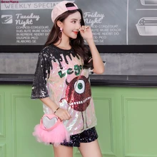 MexeMara/Новая модная свободная футболка с короткими рукавами с буквенным принтом и блестками;