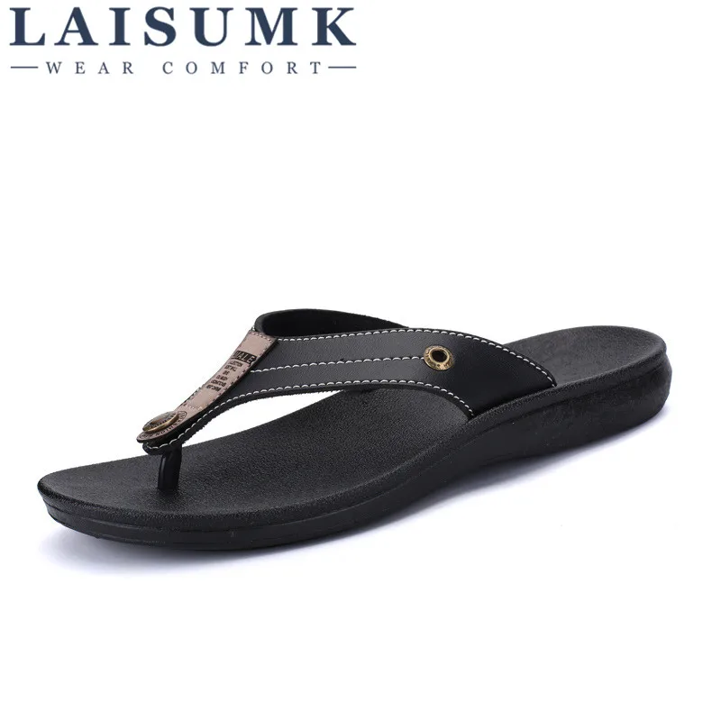 

2019 LAISUMK Summer Outside Fashion Casual Slippers Men Shoes Flip Flops Metal Beach Slipper Male Designer High Quality