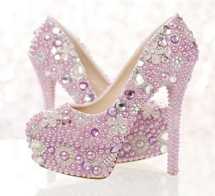 Romantic purple pearl bridal shoes high with waterproof shoes crystal photographs wedding  shoes