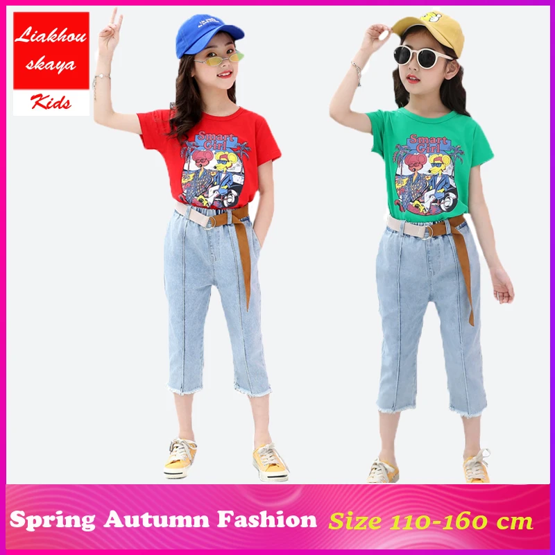 

Liakhouskaya 2019 Summer Children Girl Kid Clothes Clothing Set Fashion Print Smart Teenage Girls Outfits Jeans Pants+T-shirt