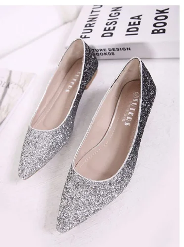 Ladies Sequined Cloth Flats For Wedding Party Pointed Toe Mujer Cover Heel Slip-ons Bling Shoes Plus Size 45 13 34 Gold Silver - Цвет: Black