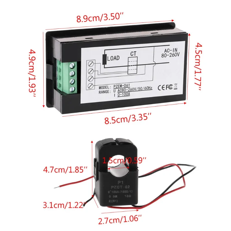 AC 80-260V 100A напряжение тока ватт Мощность счетчик энергии PZEM-061 с разделением CT