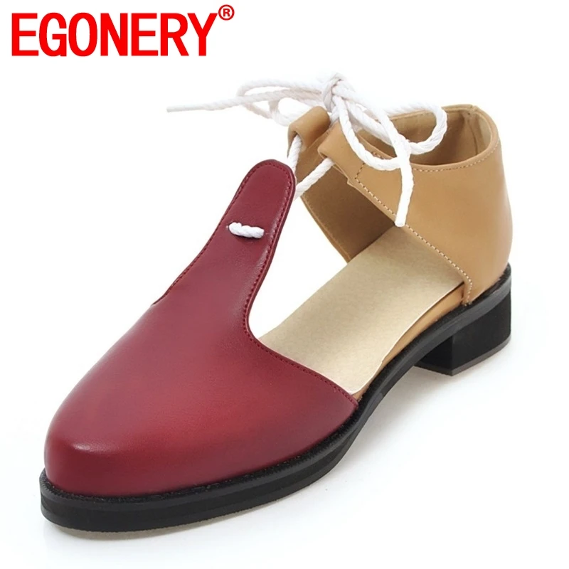 

EGONERY women shoes new fashion pu low square heel platform round toe lace-up mixed colors outside three colors lady pumps