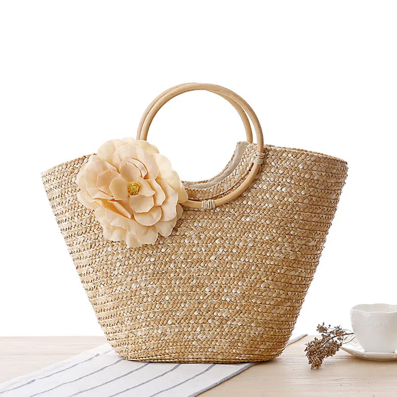 

New Style Women Straw Weave Handbag Flower Circle Handle Zipper Bag Beach Travel Girl Casual Bags