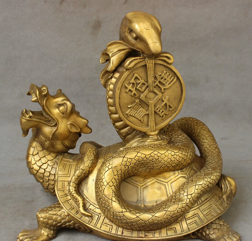 

S3509 11" Folk Chinese Pure Brass FengShui Xuan Wu Coin Snake On Dragon Turtle Statue D0318