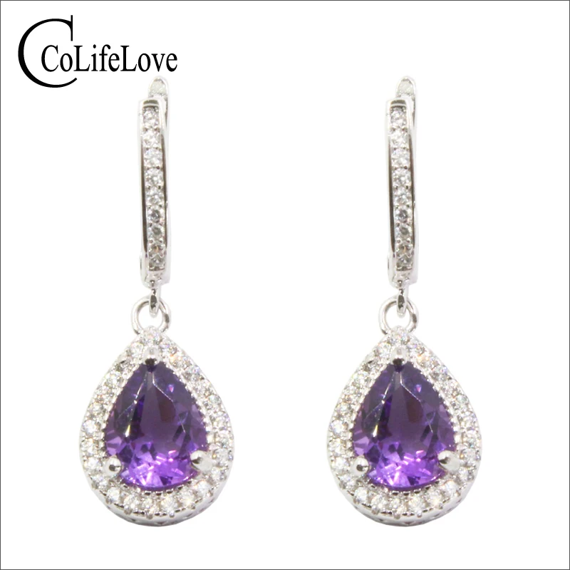 Vintage sterling silver earrings with natural amethyst Purple drop earrings Pendant earrings Silver earrings amethyst