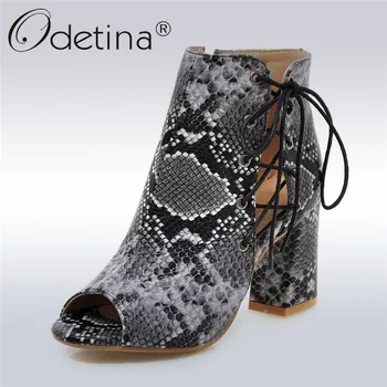 

Odetina New Fashion Snakeskin Women Summer Boots Open Toe Hoof Block High Heels Cross Tied Side Zipper Summer Party Sandal Shoes