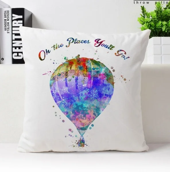 Hot Air Balloon Throw Pillow Cover Balloon Cushion Cover Watercolor Oh The Places You'll Go Velvet Plush Pillowcase Signle Side Printed