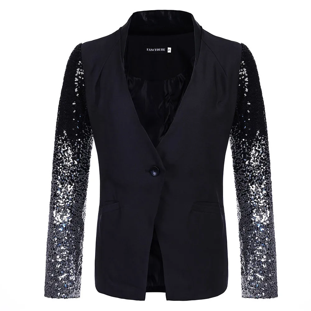 Thin Long Sleeve Lapel Bling Silver Black Sequin Elegant Work Blazers