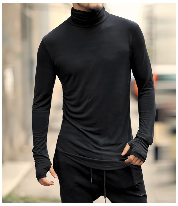 Мужская Тонкая хлопковая футболка с длинным рукавом и высоким воротником, Мужская Новая модная однотонная Повседневная футболка в европейском стиле, фирменный дизайн, T027