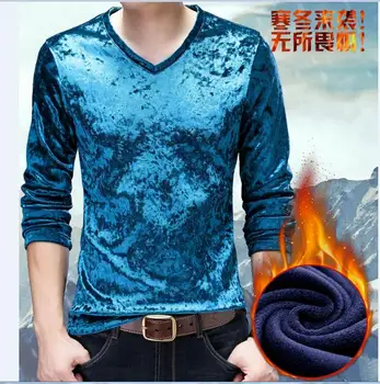

New Design Winter 2017 Mens Thick Gold Velvet T Shirts Male Fashion Style V-Neck Long Sleeve Warm Velvet T shirt
