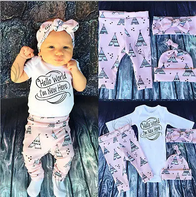 

Newborn Infan Baby Boys Girls Clothes Long Sleeve Letters Romper Tops+Long Pants+Cap 3PCS Outfits Bebes Clothing Set