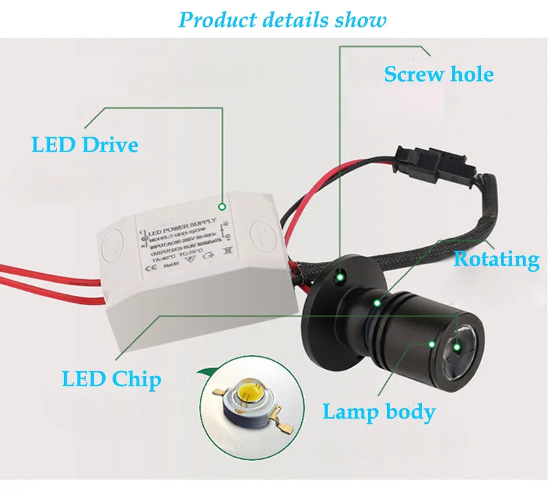 Светодиодный точечный мини-светильник, лампа для шкафа, 1 Вт, высокая мощность, светодиодный белый или теплый белый AC85-265V, внутренний светильник, для шкафа, прилавок, витрина