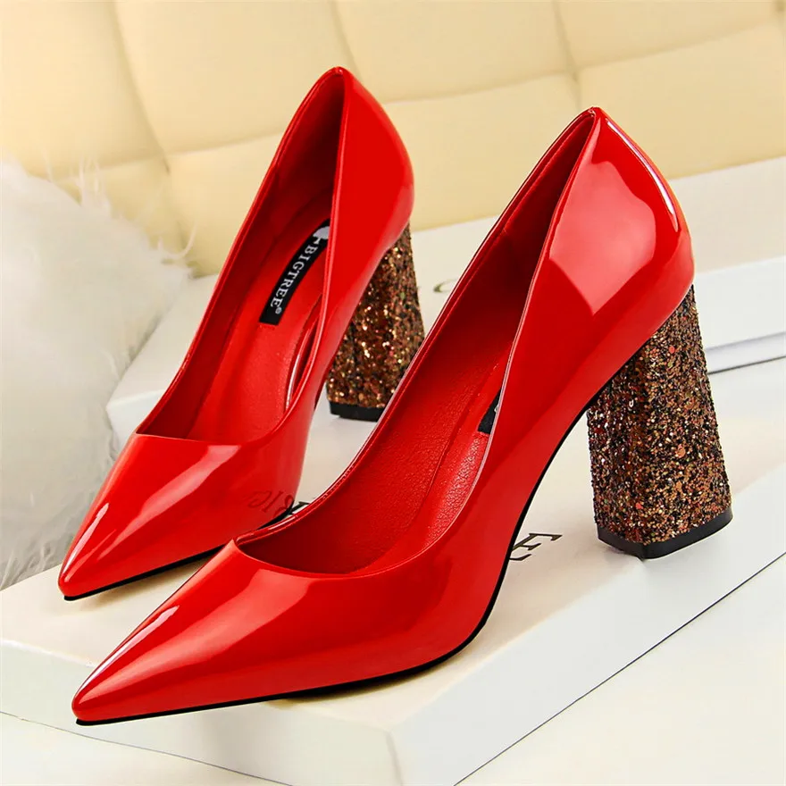 Модная обувь из ткани, расшитой блестками; туфли на высоком каблуке Для женщин офисные туфли OL Лакированная кожа острый носок туфли обувь на высоком каблуке Для женщин 7 цветов - Цвет: Красный