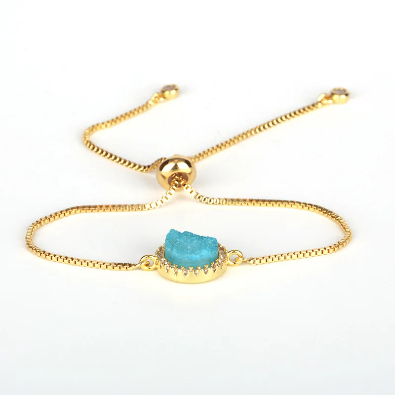 

micro paved white cz natural rough round sky blue druzy stone bead connector charm thin gold link bracelet for women