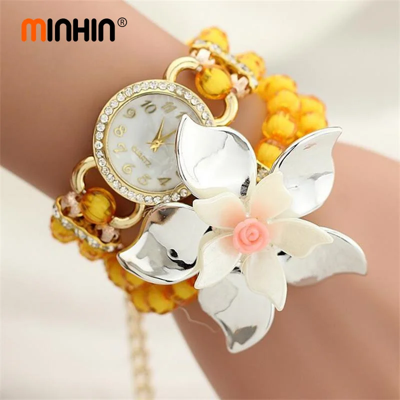 

MINHIN 4 Colors Beads Wrist Bracelet Watches Fashion Big Flowers Women Quartz Watch Relogio Feminino Montre Femme