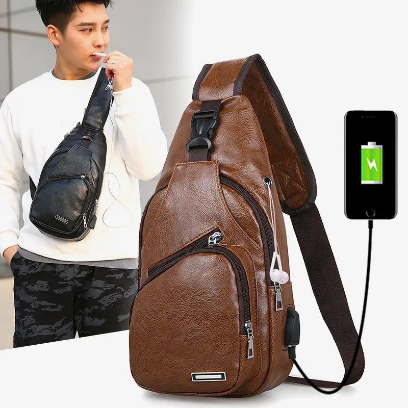 

Fashion PU leather Shoulder Bag Men'S Charging Bag Men'S USB Chest Bag Casual Diagonal Package Messenger Bag Chest New 2019